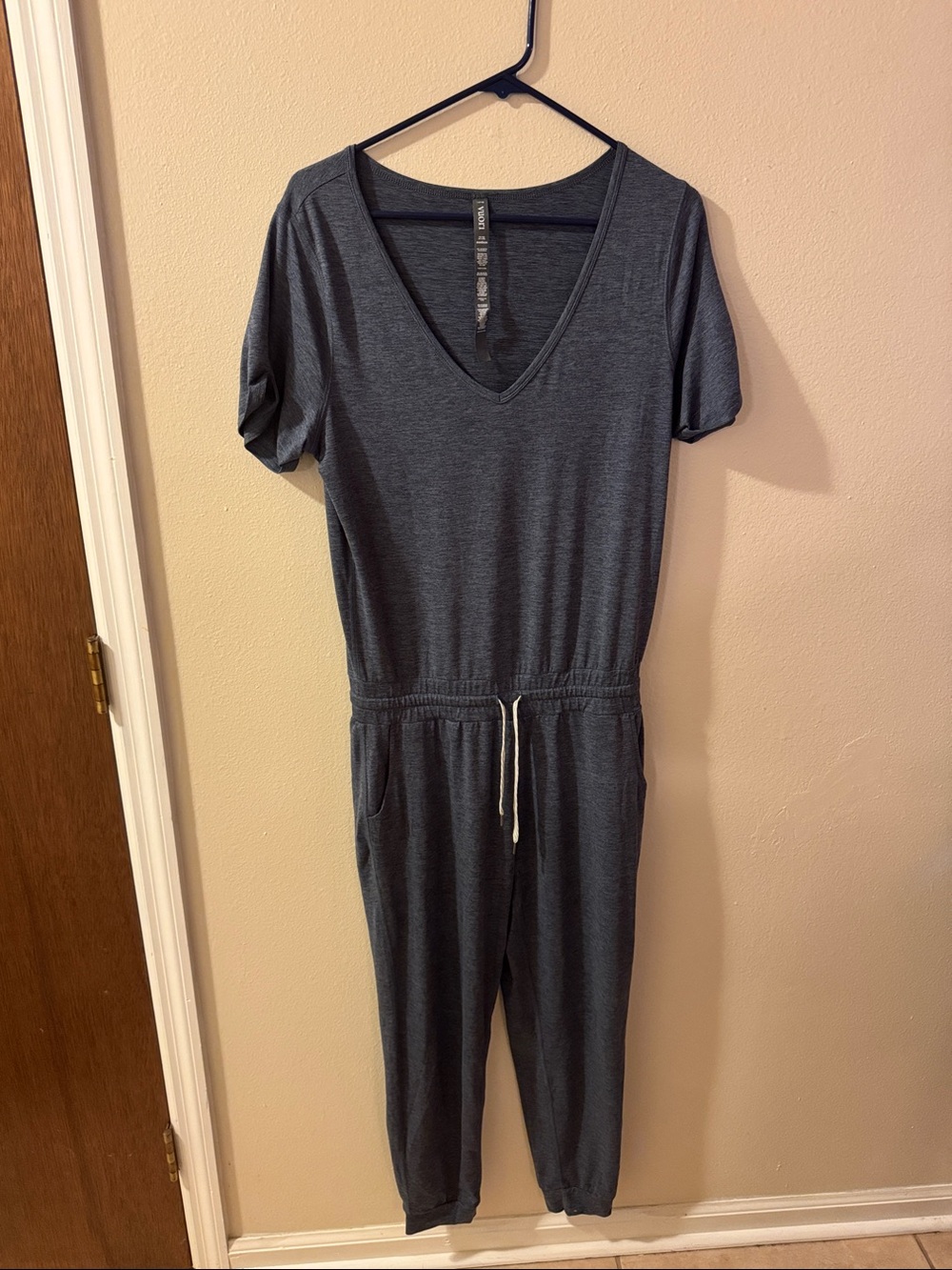 Vuori Slate Blue V-Neck Short Sleeve Jumpsuit with Drawstring Waist